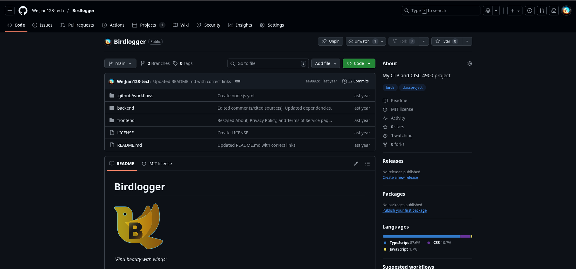 Screenshot of Birdlogger GitHub repository