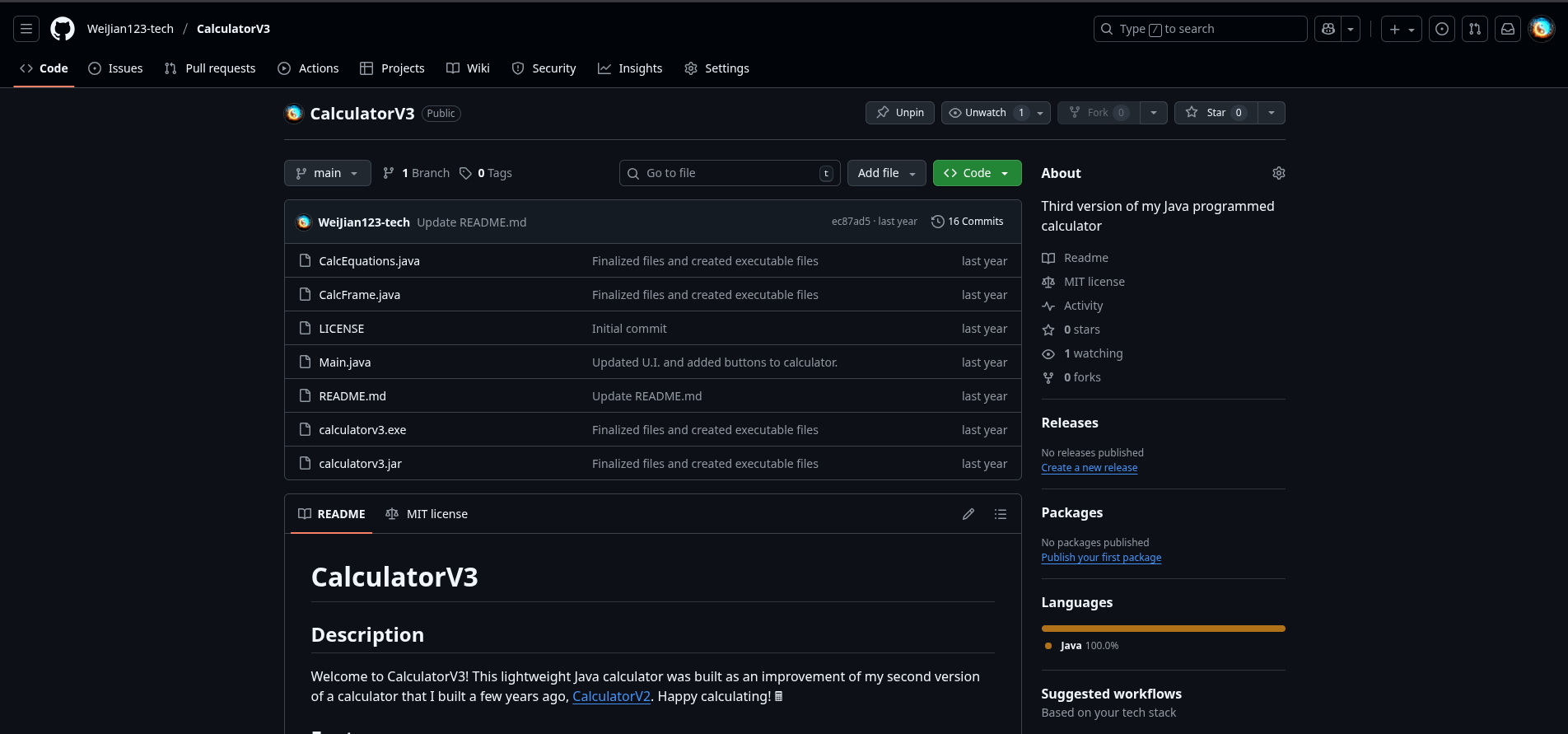 Screenshot of CalculatorV3 GitHub repository