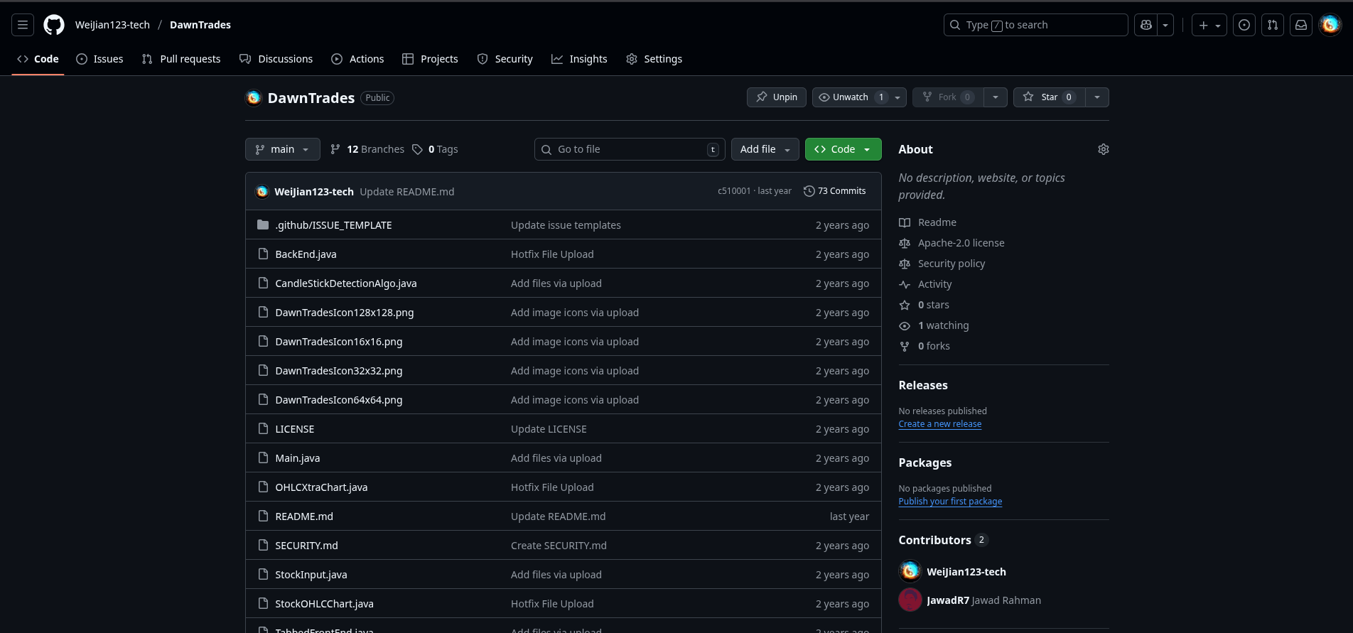 Screenshot of DawnTrades GitHub repository
