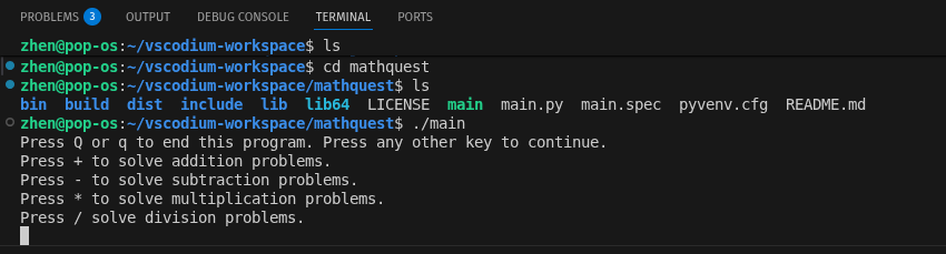 Image displaying the program mathquest in a terminal.